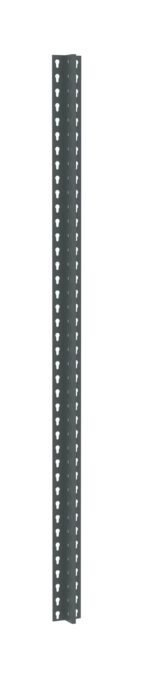 A vertical metal post with multiple evenly spaced holes along its length. The post is dark gray and appears to be designed for use in construction or shelving systems. The background is plain white.