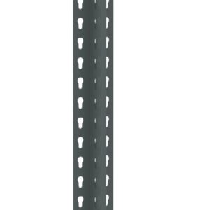A vertical metal post with multiple evenly spaced holes along its length. The post is dark gray and appears to be designed for use in construction or shelving systems. The background is plain white.