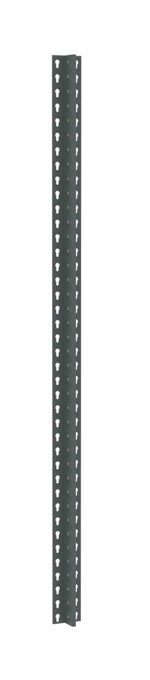 A vertical metal post with multiple evenly spaced holes along its length. The post is dark gray and appears to be designed for use in construction or shelving systems. The background is plain white.