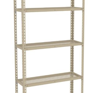 A beige metal shelving unit with five perforated shelves. The unit has a rectangular frame with an open design, suitable for storage or display.