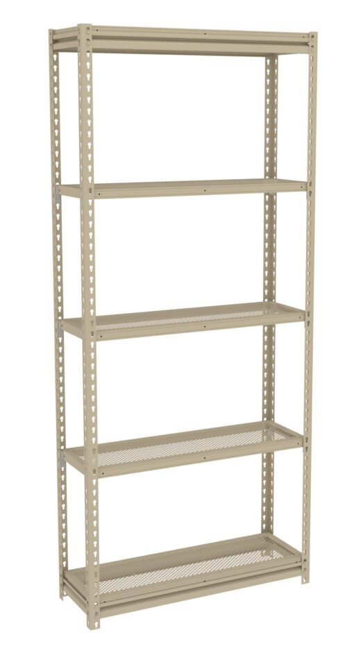 A beige metal shelving unit with five perforated shelves. The unit has a rectangular frame with an open design, suitable for storage or display.