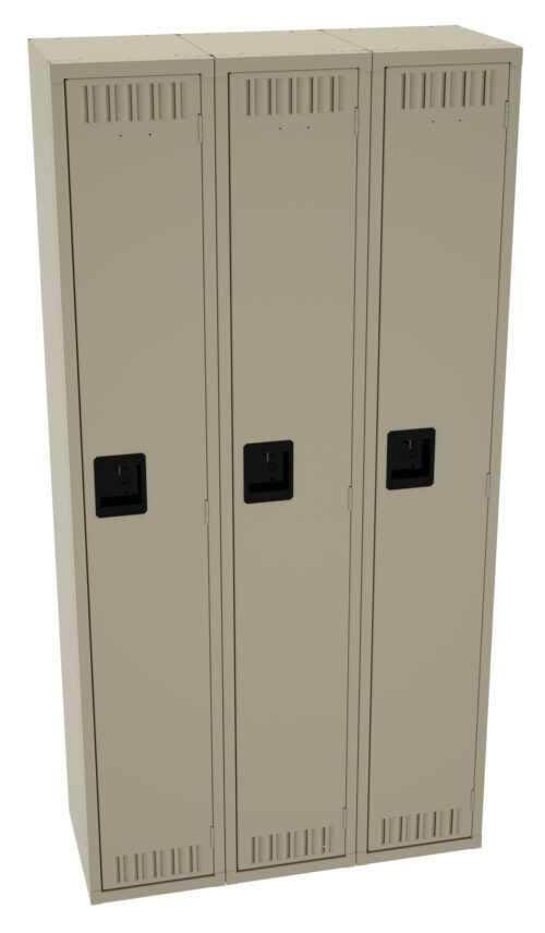 agi853vs36hqcrcnxcnr.jpg A beige metal locker unit with three vertical compartments, each featuring a black handle. The lockers have ventilation slots at the top and bottom.