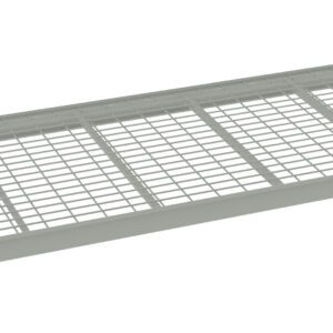 A gray metal grating shelf with rectangular grid pattern and four support sides. The shelf is designed for industrial or heavy-duty use, featuring open spaces within the grid for ventilation or drainage.