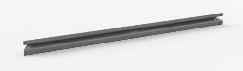 A long, gray, steel I-beam on a white background, viewed from an angle showing its flanged edges and flat surface.