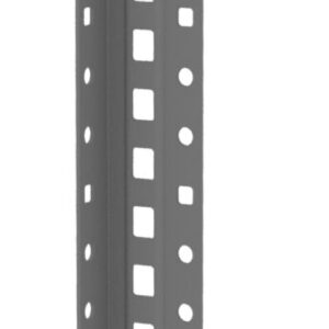 A vertical metal slotted angle used for shelving or structural support. It is gray with evenly spaced rectangular holes along its length, allowing for adjustable connections.