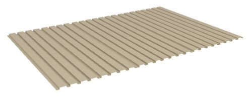 ah4uypayq5xwwboiluw8.jpg A 3D-rendered image of a flat, corrugated metal sheet with parallel ridges, shown from an angled perspective. The sheet is in a neutral beige color, resembling materials used for roofing or siding.