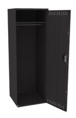 Open black metal locker with one door ajar. Inside, there is a hanging rod but no shelves or items. The locker has a lock mechanism on the door.