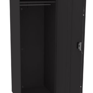 Open black metal locker with one door ajar. Inside, there is a hanging rod but no shelves or items. The locker has a lock mechanism on the door.