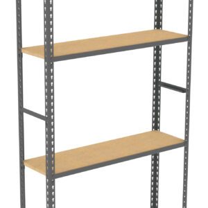 A tall, freestanding metal shelving unit with four wooden shelves. The shelves are evenly spaced and supported by a grey metal frame with perforated sides, designed for storage and organization.