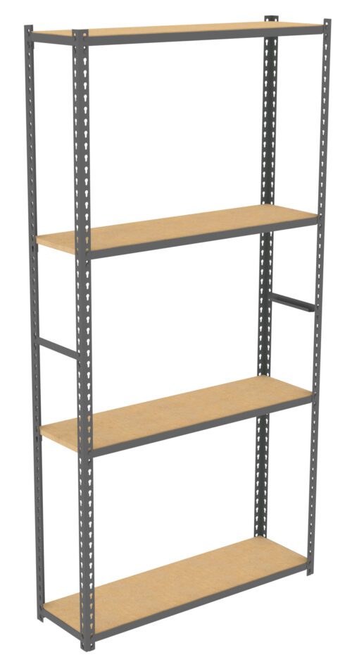 ahj6skgpvpriissg3ang.jpg A tall, freestanding metal shelving unit with four wooden shelves. The shelves are evenly spaced and supported by a grey metal frame with perforated sides, designed for storage and organization.