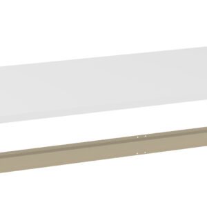 A rectangular white shelf and a beige mounting bracket, shown separately, against a plain white background.