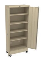 A beige, metal storage cabinet on wheels with one door open. It features five empty shelves and adjustable slots on the interior sides for customizable shelf heights.