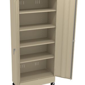 A beige, metal storage cabinet on wheels with one door open. It features five empty shelves and adjustable slots on the interior sides for customizable shelf heights.