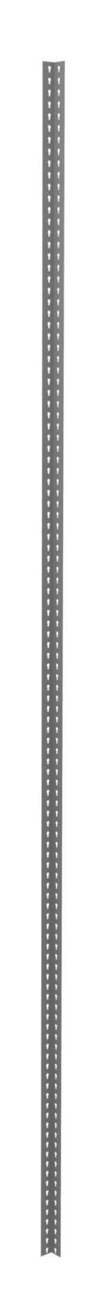 A tall, gray, metal post with two vertical rows of evenly spaced holes running along its length. The background is plain white.
