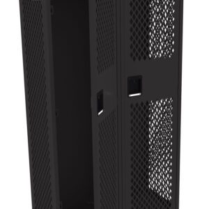 A black metal locker with two sections is shown. The locker has a lattice design for ventilation. One door is open, revealing the empty interior, while the other door is closed.