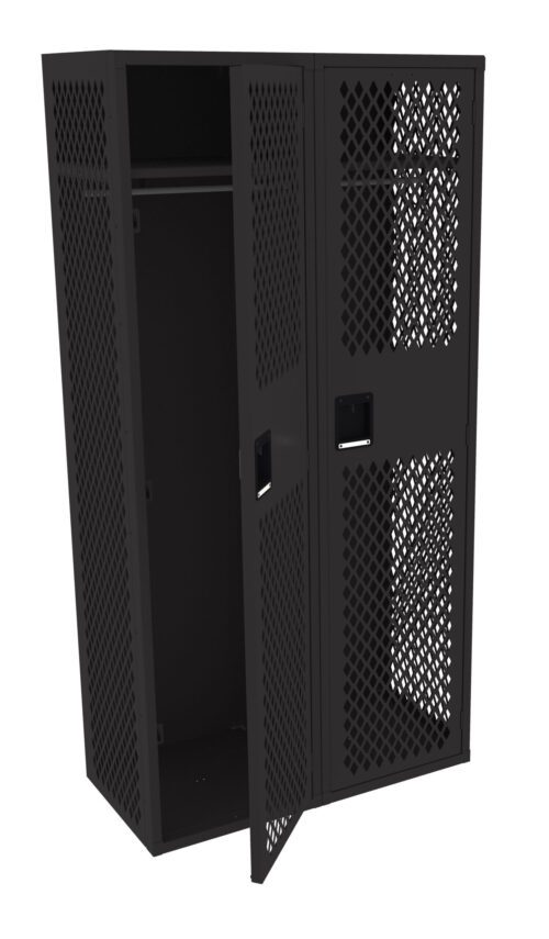 A black metal locker with two sections is shown. The locker has a lattice design for ventilation. One door is open, revealing the empty interior, while the other door is closed.