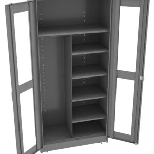 A metal storage cabinet with open doors displaying several internal shelves on the right and a tall compartment on the left. The cabinet is gray, with transparent windows on each door.