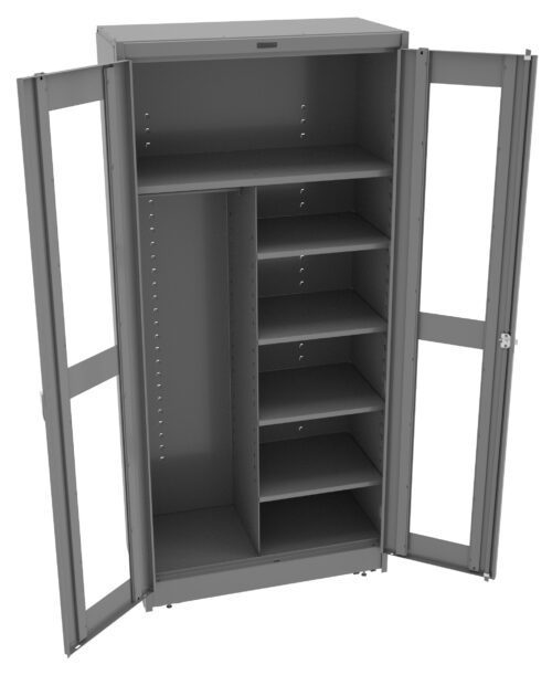 aitccyzwc1qp0pzvc1tr.jpg A metal storage cabinet with open doors displaying several internal shelves on the right and a tall compartment on the left. The cabinet is gray, with transparent windows on each door.