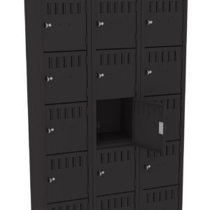 A black, multi-compartment locker unit with three columns of storage spaces. Each column has six small boxes, with one open to show the interior. The lockers have small handles with keyholes.