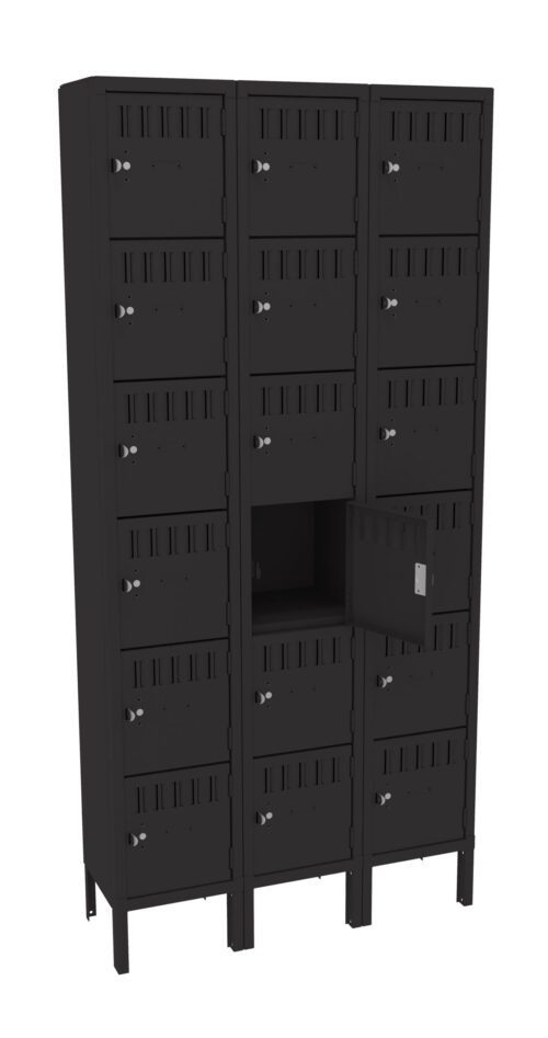 A black, multi-compartment locker unit with three columns of storage spaces. Each column has six small boxes, with one open to show the interior. The lockers have small handles with keyholes.