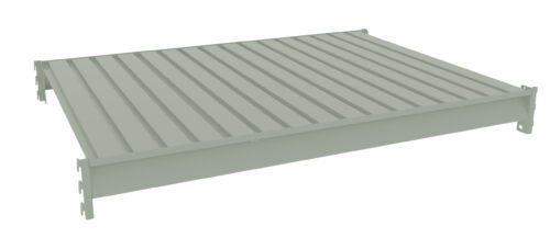 A single gray metal shelving unit or panel with vertical grooves, viewed from an angle. The panel appears elevated and isolated on a white background.
