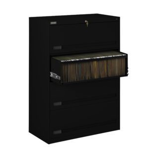 A black five-drawer filing cabinet with the second drawer open, revealing organized folders filled with documents. The top drawer has a keyhole for securing files.