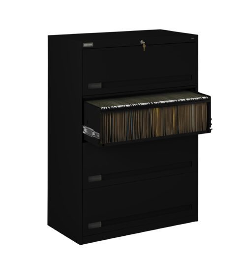 A black five-drawer filing cabinet with the second drawer open, revealing organized folders filled with documents. The top drawer has a keyhole for securing files.