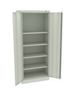 A light gray, metal storage cabinet with two doors, one open to reveal five shelves. The cabinet is empty and stands against a plain white background.