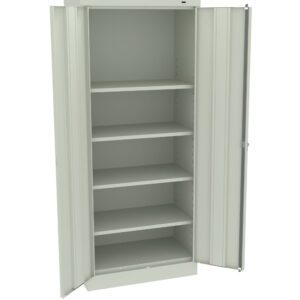 A light gray, metal storage cabinet with two doors, one open to reveal five shelves. The cabinet is empty and stands against a plain white background.