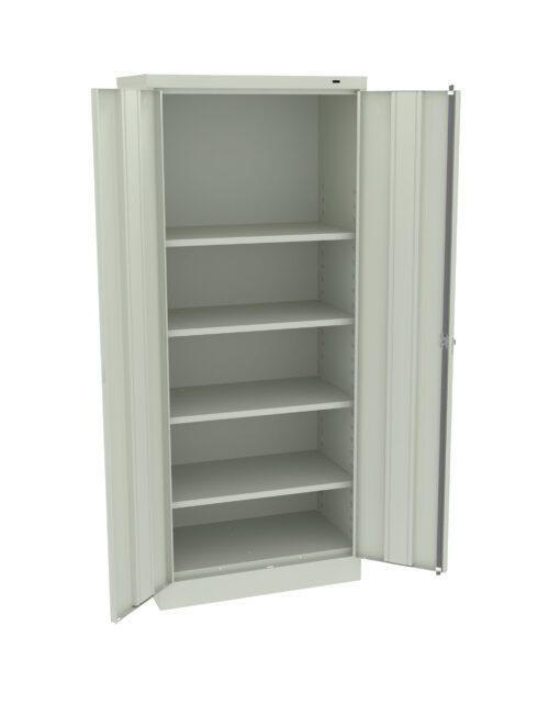 A light gray, metal storage cabinet with two doors, one open to reveal five shelves. The cabinet is empty and stands against a plain white background.