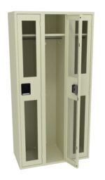 A beige metal locker with three compartments. Each compartment has a glass-paneled door, allowing a view of the interior. The far-right door is open, showing a hanging rod inside. The middle compartment features a lock mechanism.