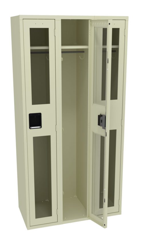 ajq5ghhbh9tvj6fzwsot.jpg A beige metal locker with three compartments. Each compartment has a glass-paneled door, allowing a view of the interior. The far-right door is open, showing a hanging rod inside. The middle compartment features a lock mechanism.