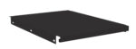 A black, rectangular metal shelf bracket with pre-drilled holes on the sides, viewed from a slight angle. The surface appears smooth and flat, designed for supporting shelves.