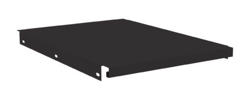 ajzqdcqt7fufhstkretz.jpg A black, rectangular metal shelf bracket with pre-drilled holes on the sides, viewed from a slight angle. The surface appears smooth and flat, designed for supporting shelves.