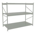 A gray, three-tier metal shelving unit with a ribbed surface and supporting diagonal brackets. It is empty, standing against a plain background, suitable for storage purposes.