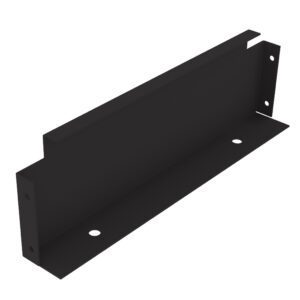 A black metal bracket with two angled sections and four circular holes for mounting. The bracket has a sleek, minimalist design, suitable for structural support or shelving applications.