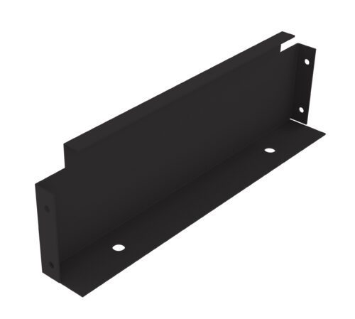 A black metal bracket with two angled sections and four circular holes for mounting. The bracket has a sleek, minimalist design, suitable for structural support or shelving applications.