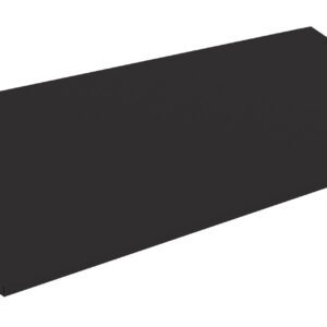 A flat, rectangular black shelf viewed at a slight angle, positioned against a plain white background.