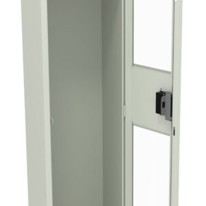 A tall, open metal locker with a light gray color. It features a single shelf and a hanging rod inside. The door is ajar, revealing a lock mechanism and a see-through panel, allowing the interior to be visible from outside.