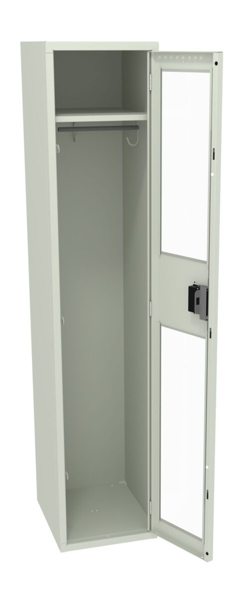 aknfbq3qpqxhqac1wfl7.jpg A tall, open metal locker with a light gray color. It features a single shelf and a hanging rod inside. The door is ajar, revealing a lock mechanism and a see-through panel, allowing the interior to be visible from outside.
