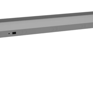 A gray metal bracket with a rectangular shape and an angled edge. It has several circular indentations along the length and a small square cutout near one end. The bracket appears to be designed for mounting or support purposes.