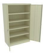 A beige, tall metal cabinet with one open door revealing five empty shelves. One door is fully open, and the interior is illuminated by ambient light. The shelves are evenly spaced and adjustable, suitable for storage or organizing items.