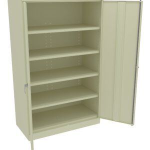 A beige, tall metal cabinet with one open door revealing five empty shelves. One door is fully open, and the interior is illuminated by ambient light. The shelves are evenly spaced and adjustable, suitable for storage or organizing items.