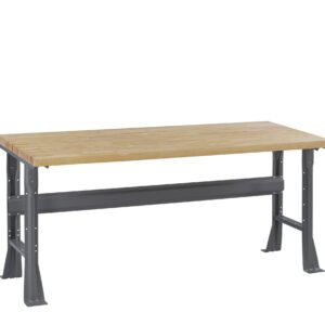 A sturdy workbench with a wooden top and dark grey metal legs. The bench features a minimalist design, suitable for workshops or garages.