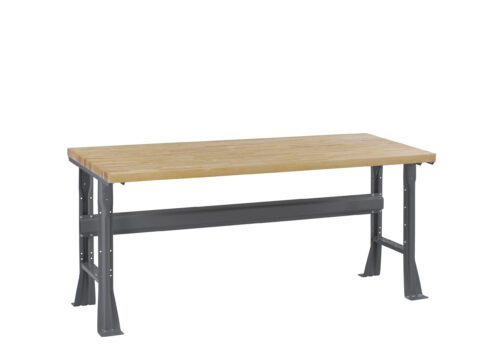 A sturdy workbench with a wooden top and dark grey metal legs. The bench features a minimalist design, suitable for workshops or garages.