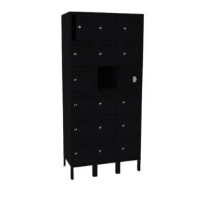 A black metal locker unit with three columns and five rows. Each compartment has a lockable door, with two doors slightly ajar. The locker stands on short legs.
