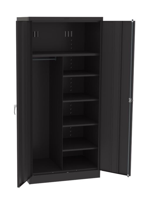 A large black metal storage cabinet with two open doors. The interior features a rod for hanging items on the left and five adjustable shelves on the right. The cabinet has a sturdy, industrial design.