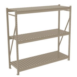 A steel storage rack with three slatted shelves and support beams on the sides and back, designed for storing items in a garage or warehouse. The shelves are evenly spaced and the structure is mostly open.