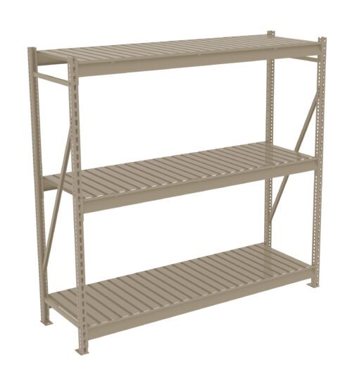 al9rae5t45s3rou6lzji.jpg A steel storage rack with three slatted shelves and support beams on the sides and back, designed for storing items in a garage or warehouse. The shelves are evenly spaced and the structure is mostly open.