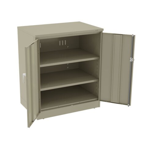 A beige metal storage cabinet with two open doors revealing three shelves inside. The cabinet has a handle on each door and is set against a plain white background.